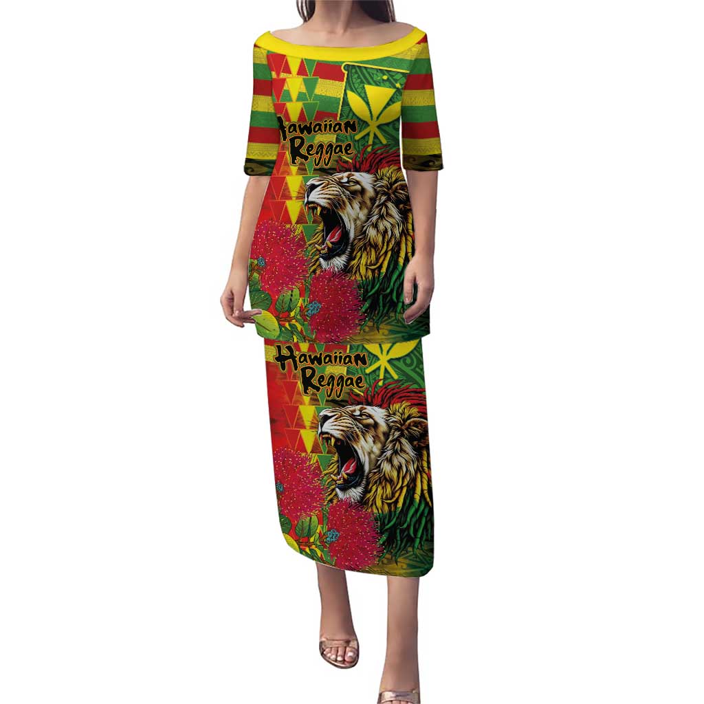 Hawaiian Reggae Puletasi Kakau Art Motifs with Ohia Lehua and Rastafari Lion LT03 Long Dress Multicolor - Polynesian Pride