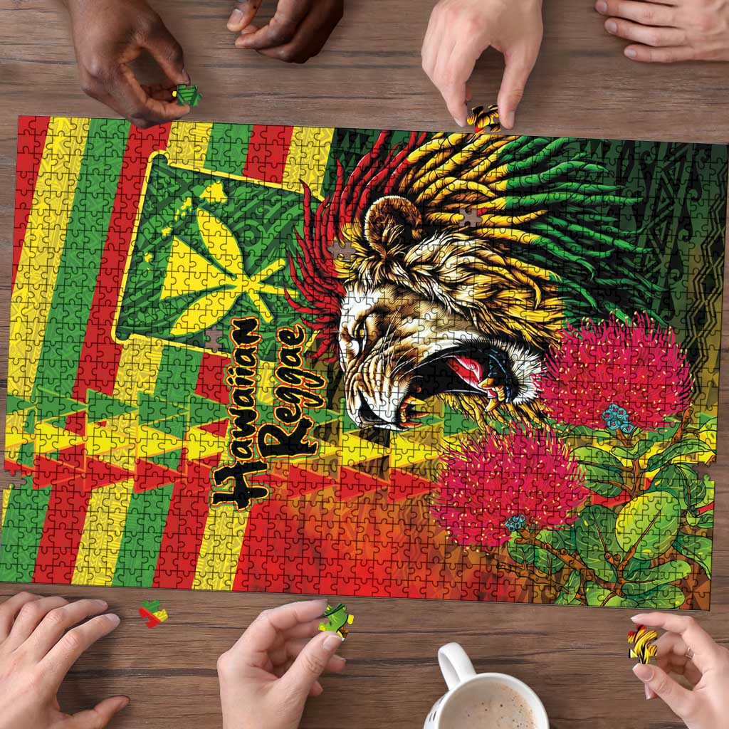 Hawaiian Reggae Puzzle Kakau Art Motifs with Ohia Lehua and Rastafari Lion LT03 - Polynesian Pride