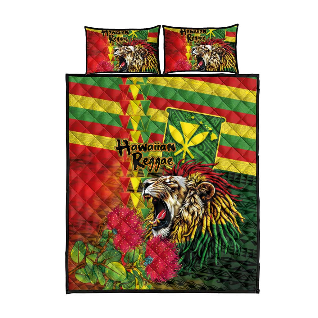 Hawaiian Reggae Quilt Bed Set Kakau Art Motifs with Ohia Lehua and Rastafari Lion LT03 - Polynesian Pride