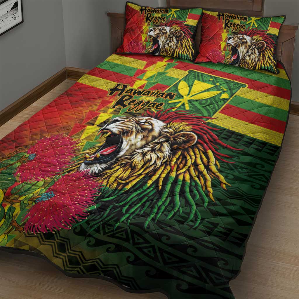 Hawaiian Reggae Quilt Bed Set Kakau Art Motifs with Ohia Lehua and Rastafari Lion LT03 - Polynesian Pride