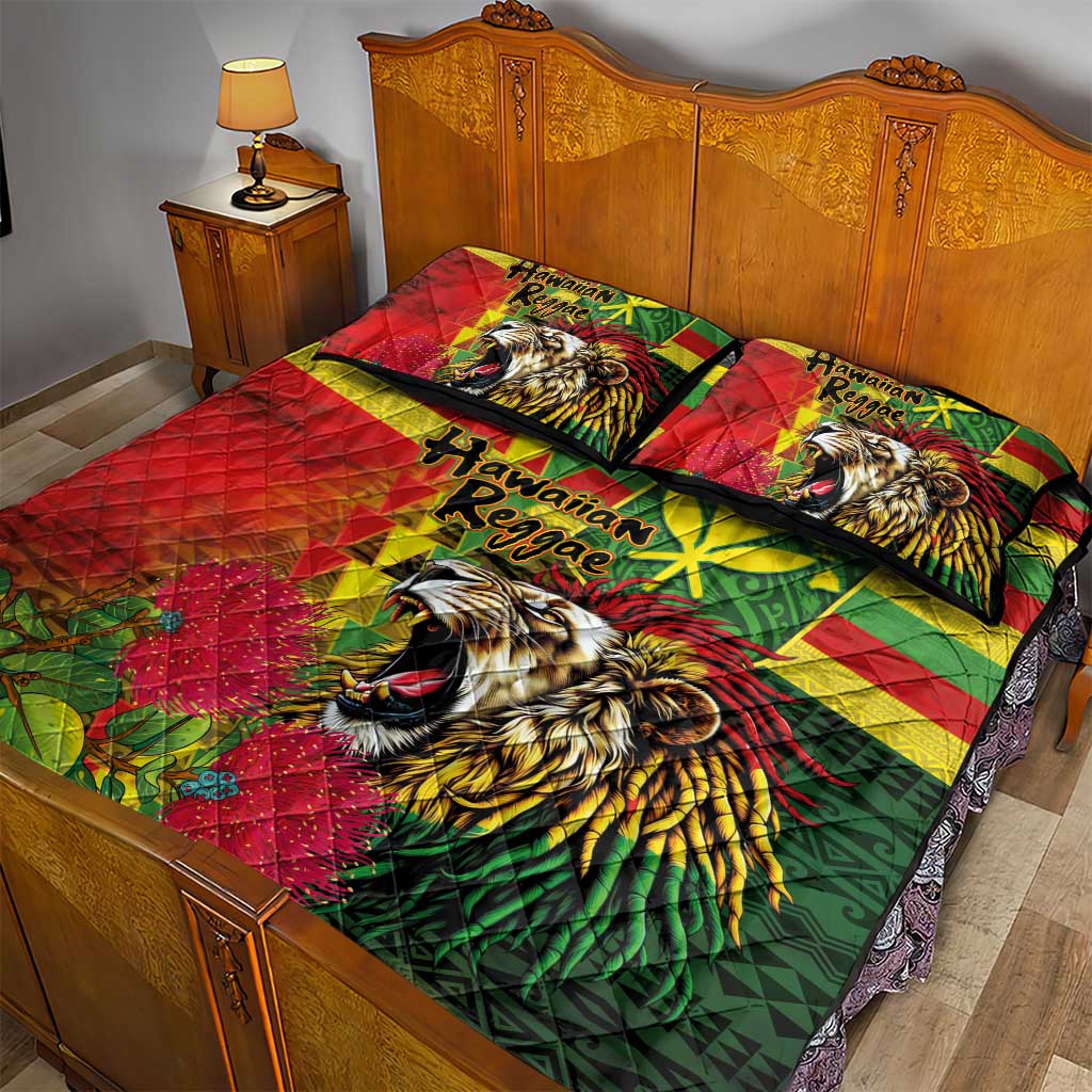 Hawaiian Reggae Quilt Bed Set Kakau Art Motifs with Ohia Lehua and Rastafari Lion LT03 - Polynesian Pride