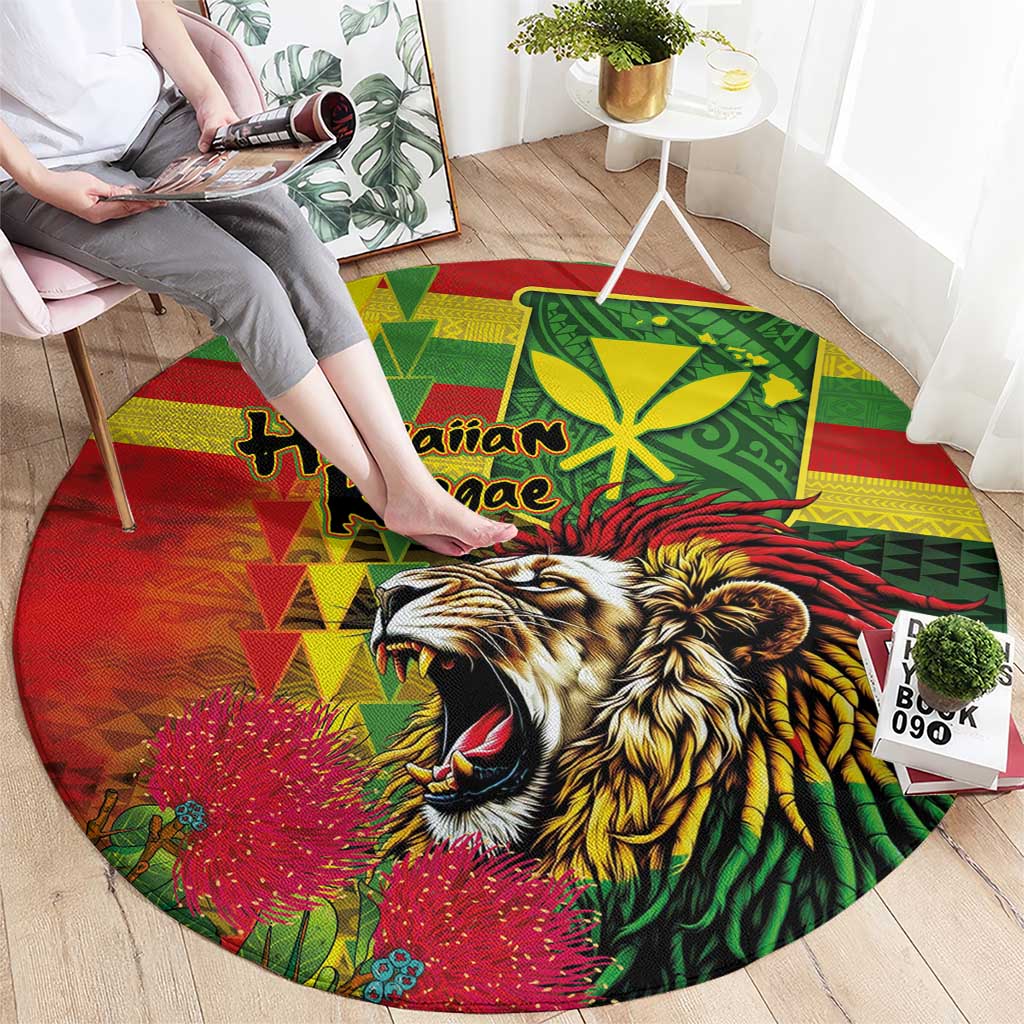Hawaiian Reggae Round Carpet Kakau Art Motifs with Ohia Lehua and Rastafari Lion LT03 - Polynesian Pride
