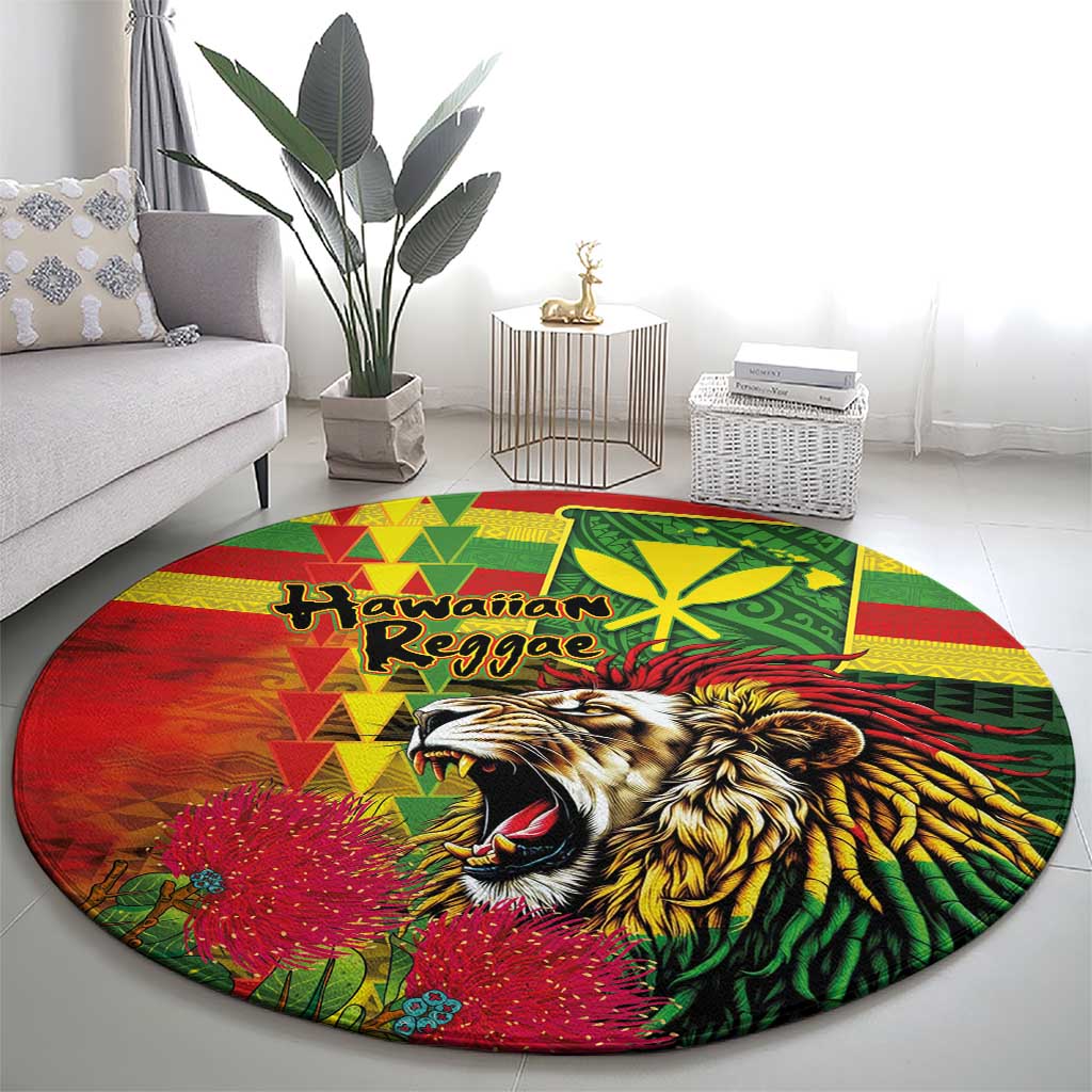 Hawaiian Reggae Round Carpet Kakau Art Motifs with Ohia Lehua and Rastafari Lion LT03 - Polynesian Pride