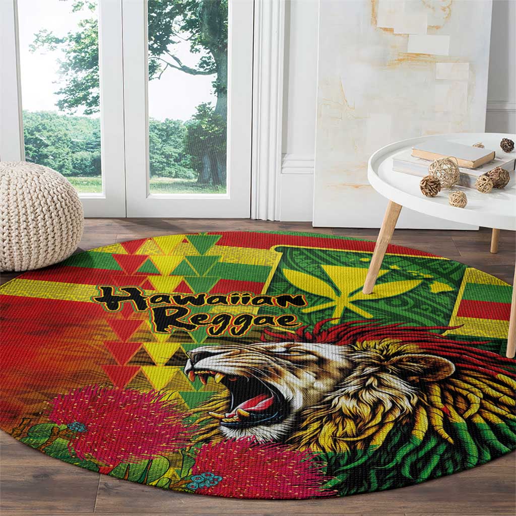Hawaiian Reggae Round Carpet Kakau Art Motifs with Ohia Lehua and Rastafari Lion LT03 - Polynesian Pride