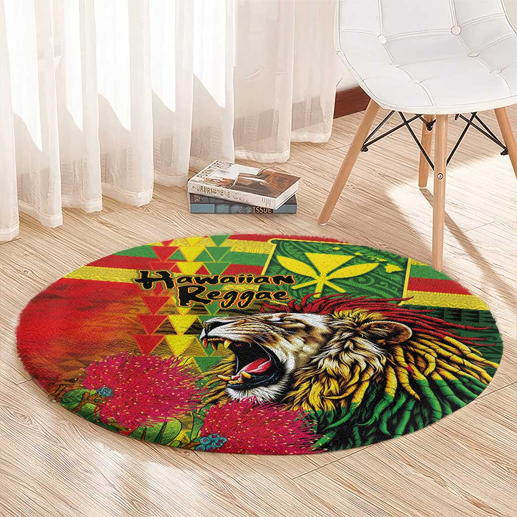 Hawaiian Reggae Round Carpet Kakau Art Motifs with Ohia Lehua and Rastafari Lion LT03 - Polynesian Pride
