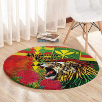Hawaiian Reggae Round Carpet Kakau Art Motifs with Ohia Lehua and Rastafari Lion LT03 - Polynesian Pride