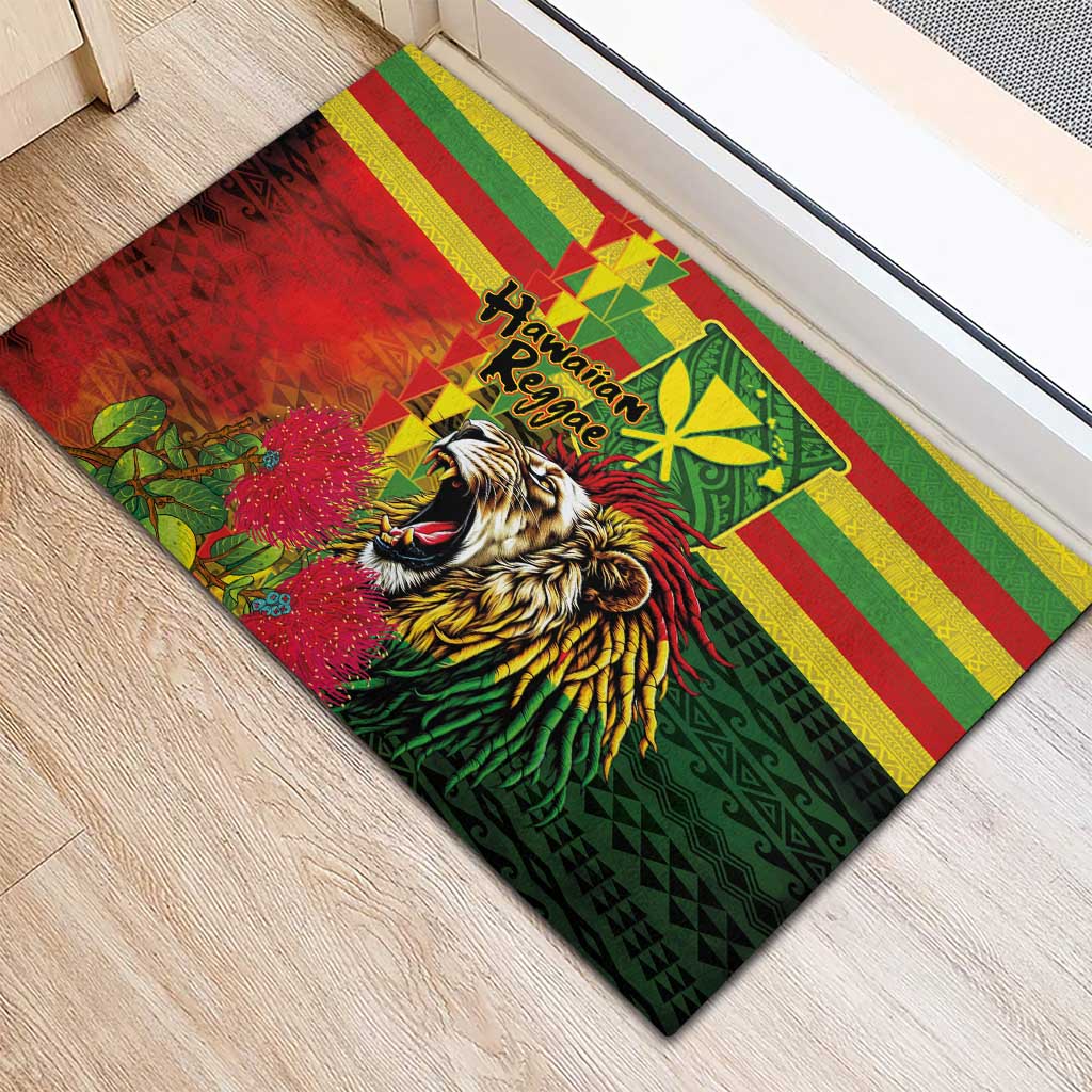 Hawaiian Reggae Rubber Doormat Kakau Art Motifs with Ohia Lehua and Rastafari Lion LT03 - Polynesian Pride