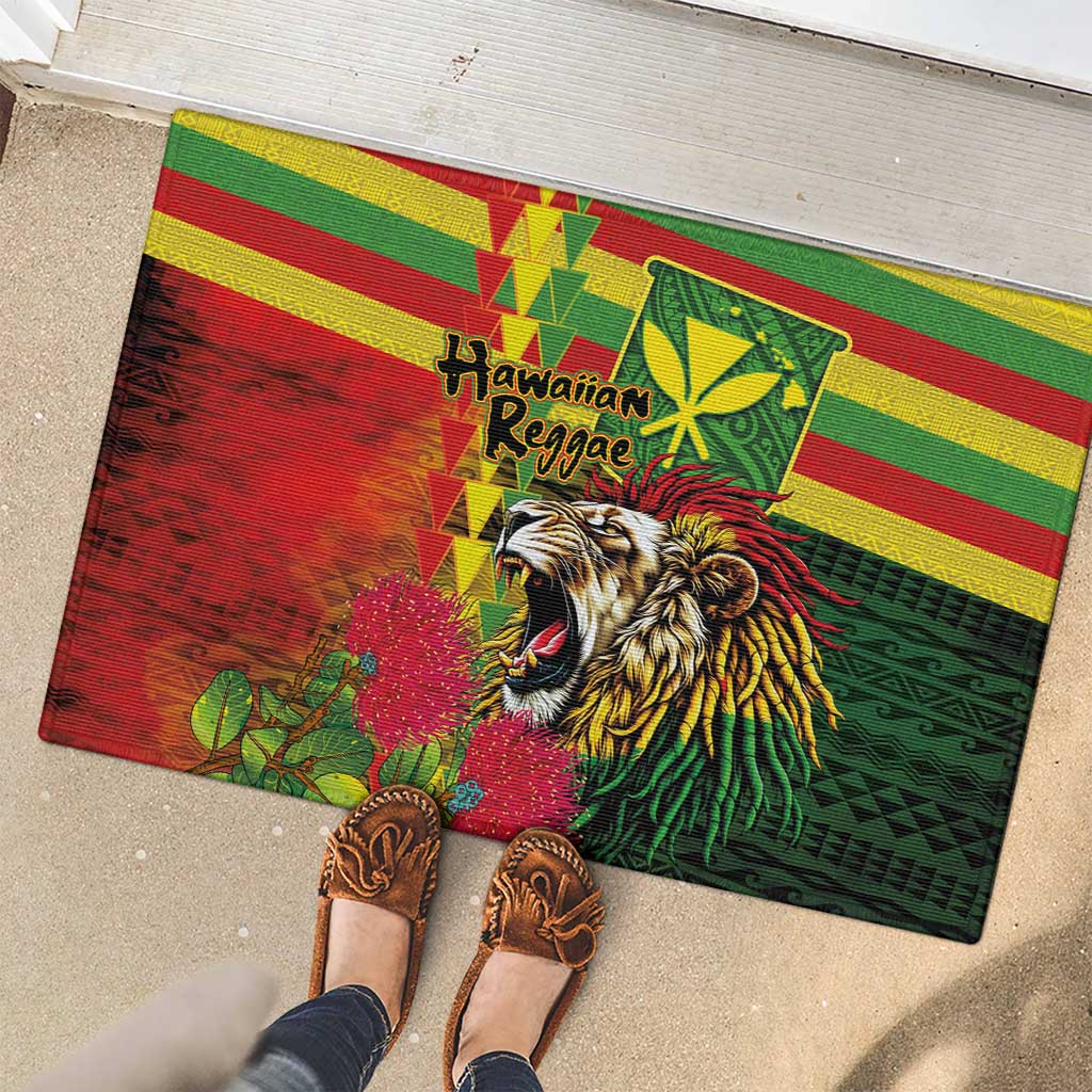 Hawaiian Reggae Rubber Doormat Kakau Art Motifs with Ohia Lehua and Rastafari Lion LT03 - Polynesian Pride