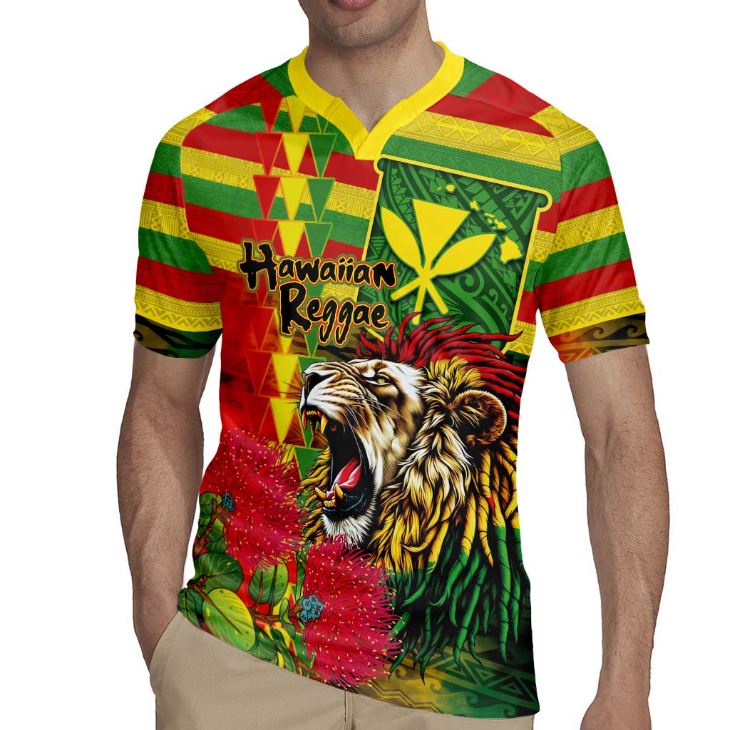 Hawaiian Reggae Rugby Jersey Kakau Art Motifs with Ohia Lehua and Rastafari Lion LT03 - Polynesian Pride