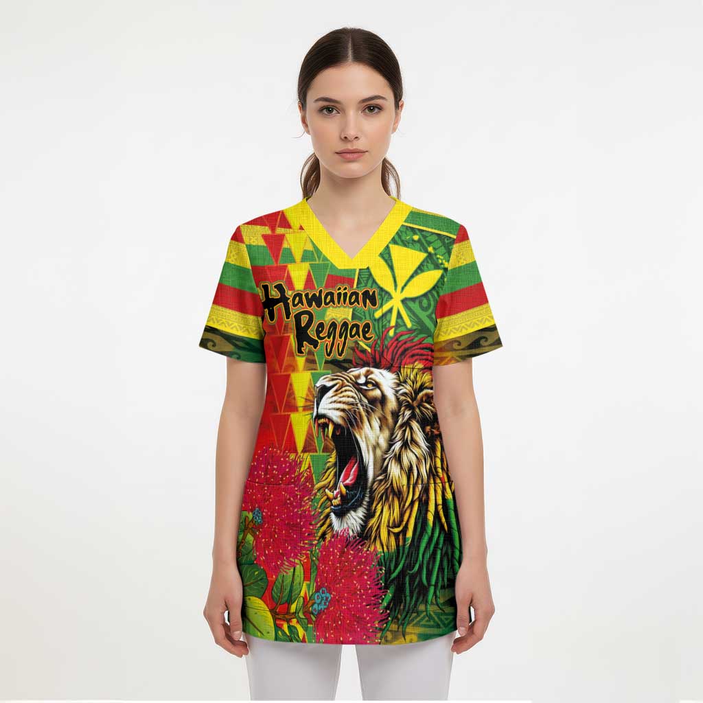 Hawaiian Reggae Scrub Top Kakau Art Motifs with Ohia Lehua and Rastafari Lion LT03 - Polynesian Pride