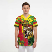 Hawaiian Reggae Scrub Top Kakau Art Motifs with Ohia Lehua and Rastafari Lion LT03 - Polynesian Pride