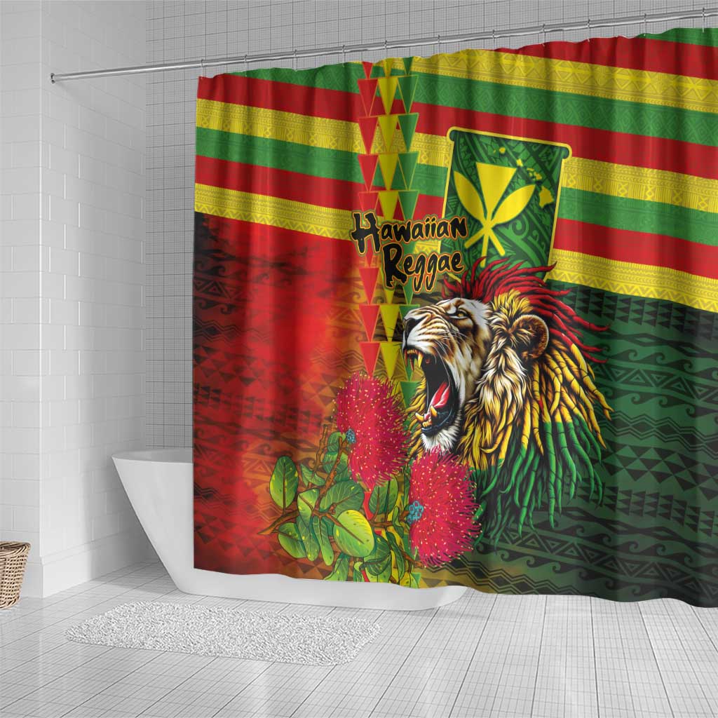 Hawaiian Reggae Shower Curtain Kakau Art Motifs with Ohia Lehua and Rastafari Lion LT03 - Polynesian Pride
