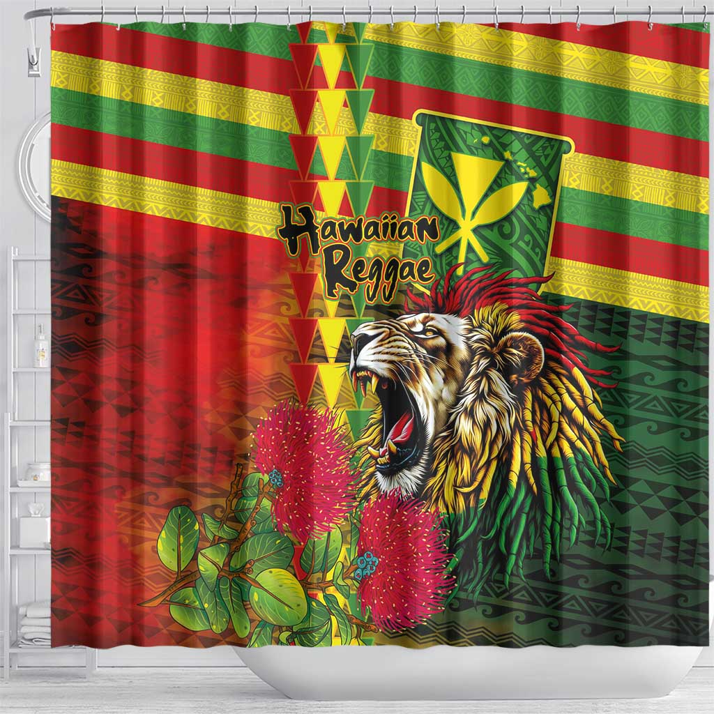 Hawaiian Reggae Shower Curtain Kakau Art Motifs with Ohia Lehua and Rastafari Lion LT03 - Polynesian Pride