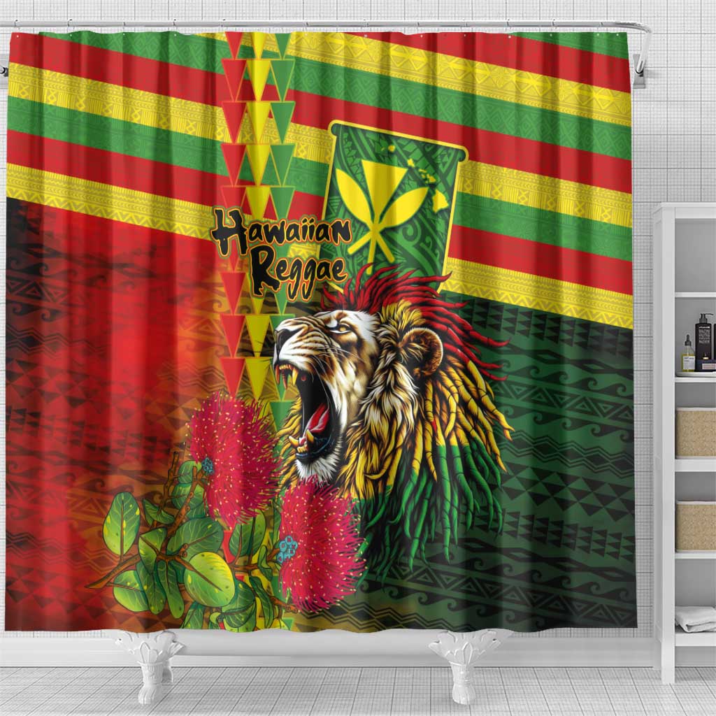 Hawaiian Reggae Shower Curtain Kakau Art Motifs with Ohia Lehua and Rastafari Lion LT03 - Polynesian Pride