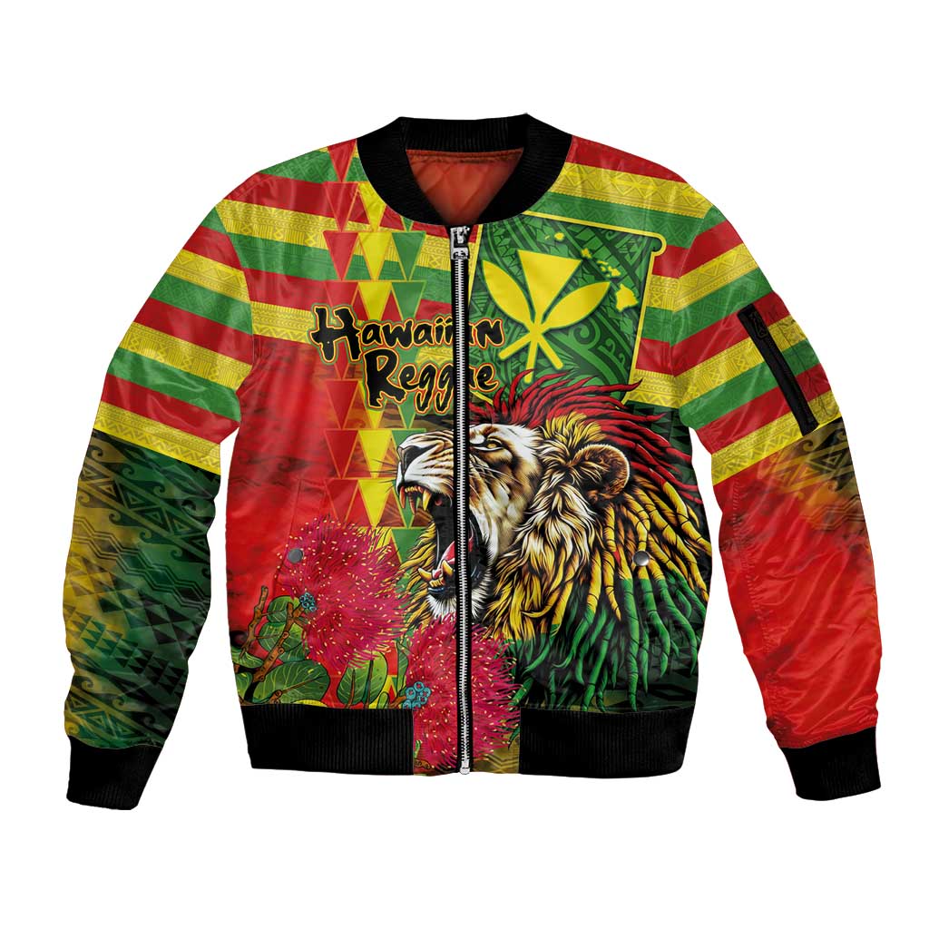 Hawaiian Reggae Sleeve Zip Bomber Jacket Kakau Art Motifs with Ohia Lehua and Rastafari Lion LT03 Unisex Multicolor - Polynesian Pride