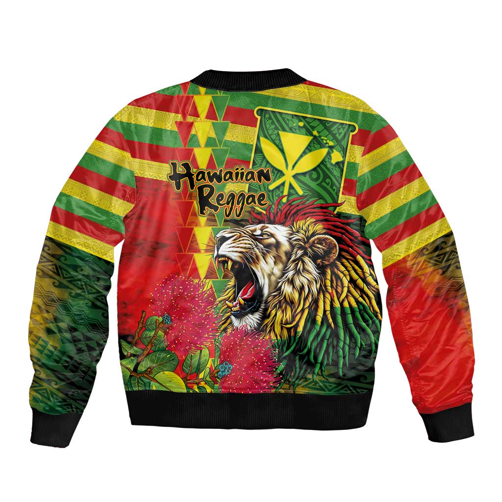 Hawaiian Reggae Sleeve Zip Bomber Jacket Kakau Art Motifs with Ohia Lehua and Rastafari Lion LT03 - Polynesian Pride