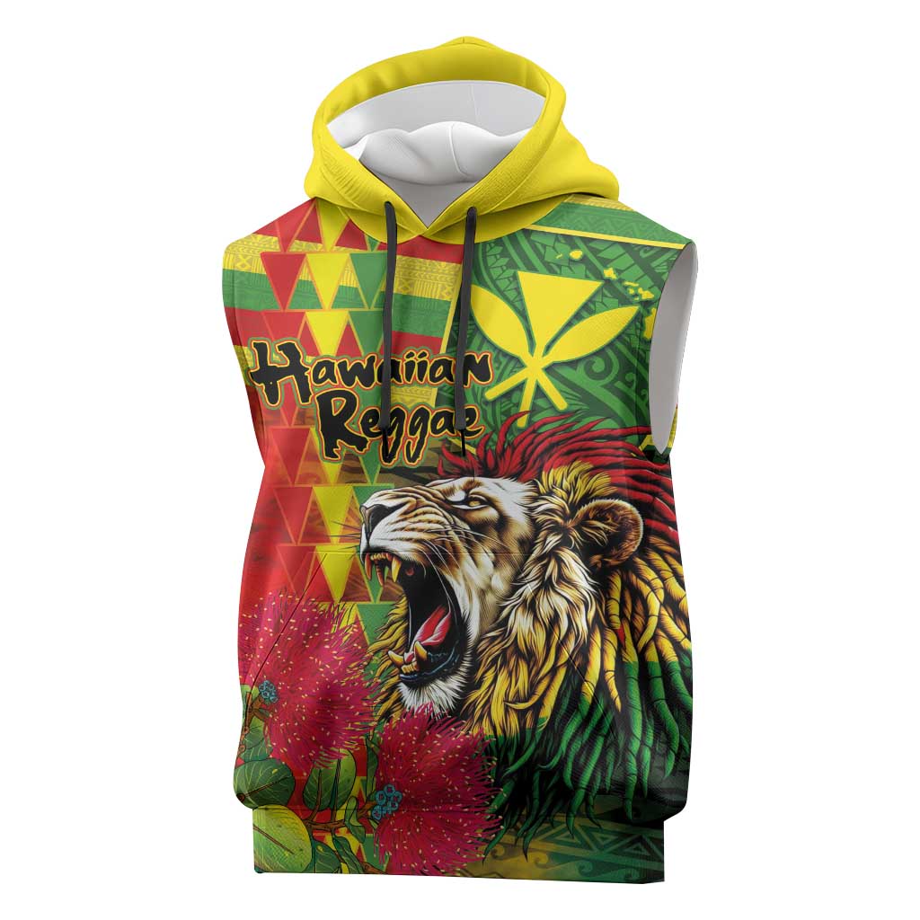 Hawaiian Reggae Sleeveless Hoodie Kakau Art Motifs with Ohia Lehua and Rastafari Lion - Polynesian Pride