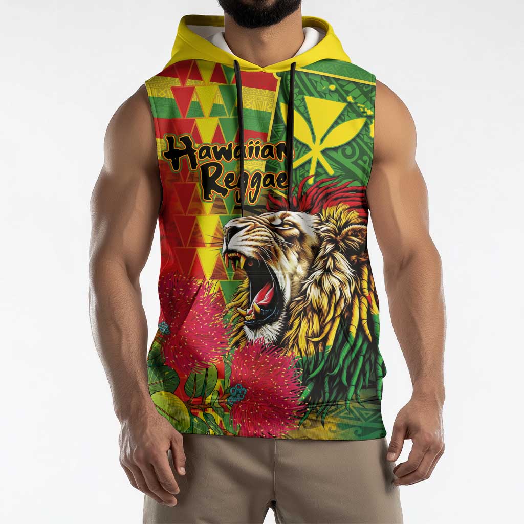 Hawaiian Reggae Sleeveless Hoodie Kakau Art Motifs with Ohia Lehua and Rastafari Lion LT03 - Polynesian Pride