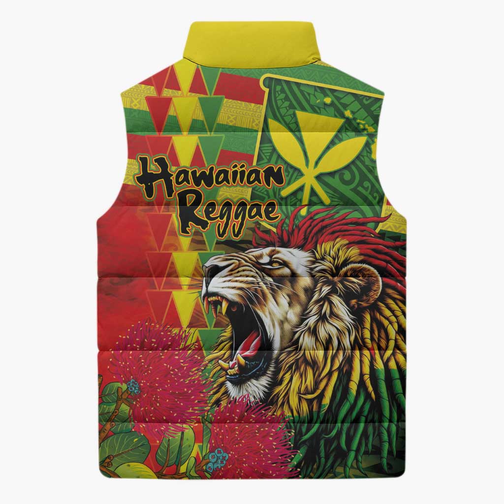 Hawaiian Reggae Sleeveless Puffer Jacket Kakau Art Motifs with Ohia Lehua and Rastafari Lion LT03 - Polynesian Pride