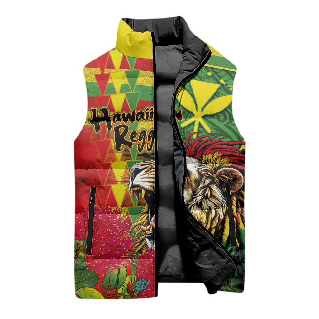 Hawaiian Reggae Sleeveless Puffer Jacket Kakau Art Motifs with Ohia Lehua and Rastafari Lion LT03 - Polynesian Pride