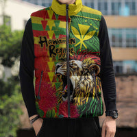 Hawaiian Reggae Sleeveless Puffer Jacket Kakau Art Motifs with Ohia Lehua and Rastafari Lion LT03 - Polynesian Pride