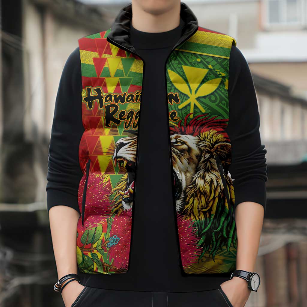 Hawaiian Reggae Sleeveless Puffer Jacket Kakau Art Motifs with Ohia Lehua and Rastafari Lion LT03 - Polynesian Pride