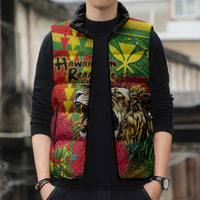 Hawaiian Reggae Sleeveless Puffer Jacket Kakau Art Motifs with Ohia Lehua and Rastafari Lion LT03 - Polynesian Pride