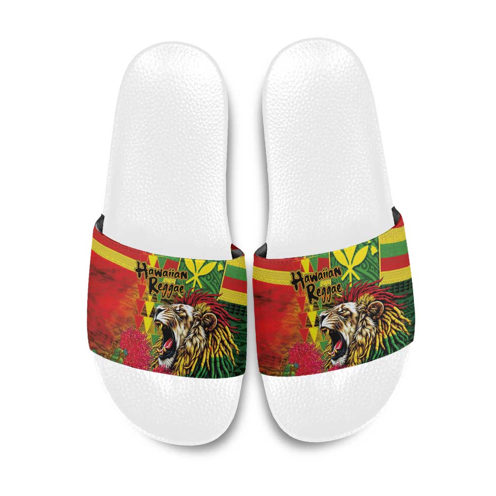 Hawaiian Reggae Slide Sandals Kakau Art Motifs with Ohia Lehua and Rastafari Lion LT03 Multicolor - Polynesian Pride