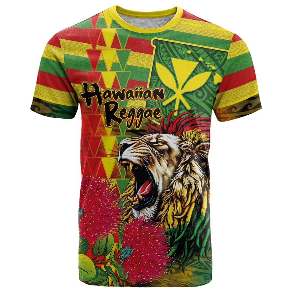 Hawaiian Reggae T Shirt Kakau Art Motifs with Ohia Lehua and Rastafari Lion LT03 Multicolor - Polynesian Pride