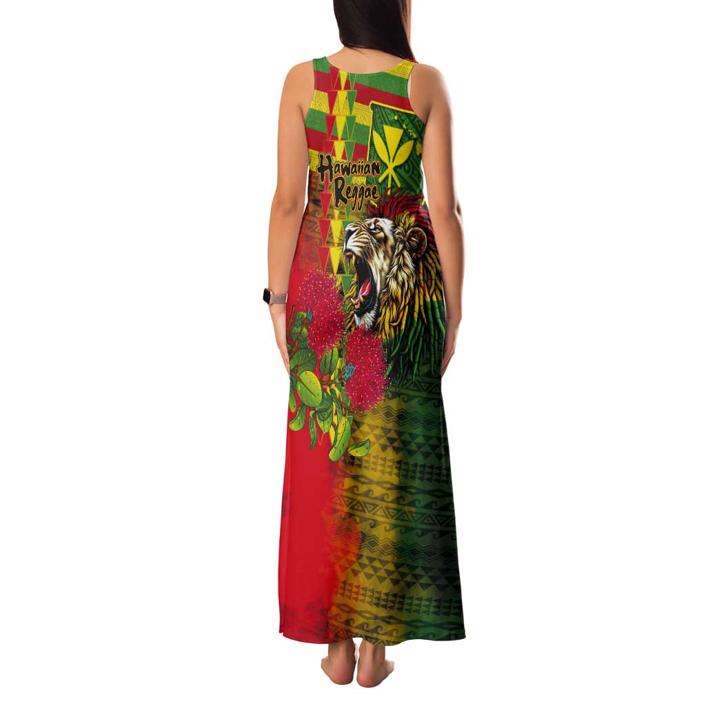 Hawaiian Reggae Tank Maxi Dress Kakau Art Motifs with Ohia Lehua and Rastafari Lion LT03 - Polynesian Pride