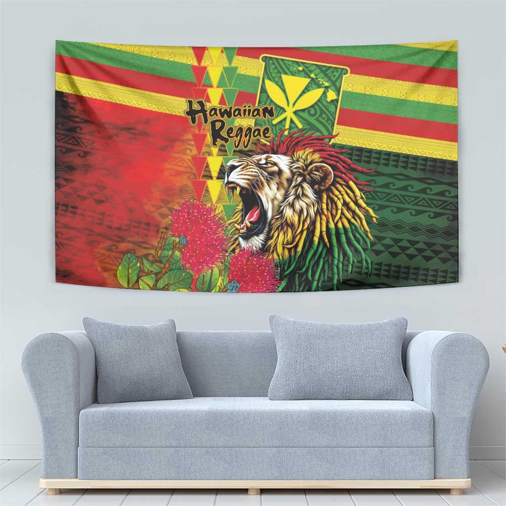 Hawaiian Reggae Tapestry Kakau Art Motifs with Ohia Lehua and Rastafari Lion LT03 - Polynesian Pride
