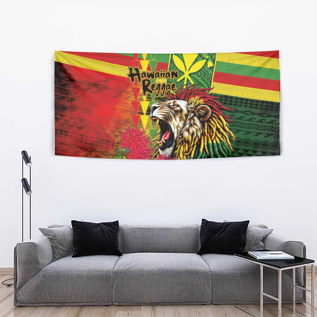 Hawaiian Reggae Tapestry Kakau Art Motifs with Ohia Lehua and Rastafari Lion LT03 - Polynesian Pride