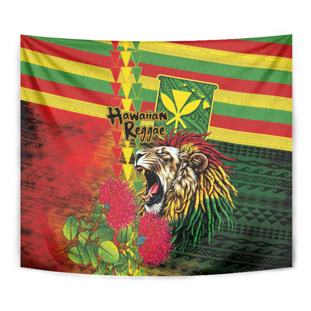 Hawaiian Reggae Tapestry Kakau Art Motifs with Ohia Lehua and Rastafari Lion LT03 - Polynesian Pride