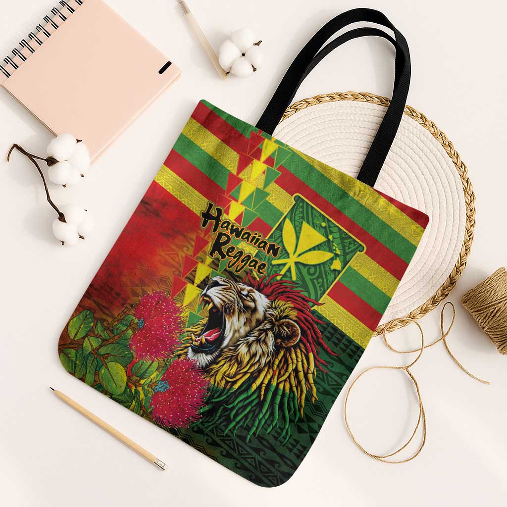 Hawaiian Reggae Tote Bag Kakau Art Motifs with Ohia Lehua and Rastafari Lion LT03 Black Strap One Size Multicolor - Polynesian Pride