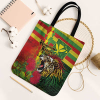 Hawaiian Reggae Tote Bag Kakau Art Motifs with Ohia Lehua and Rastafari Lion LT03 Black Strap One Size Multicolor - Polynesian Pride