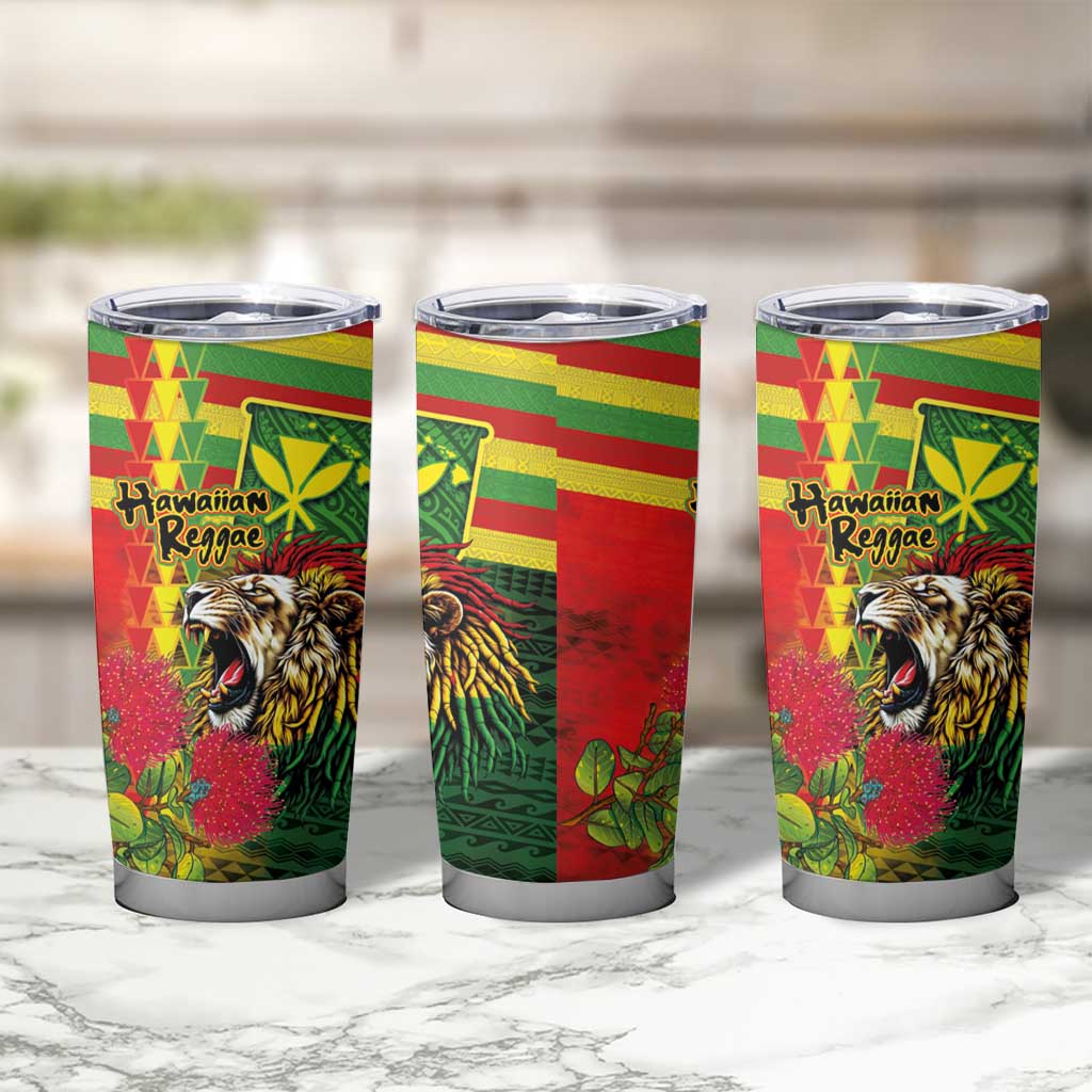 Hawaiian Reggae Tumbler Cup Kakau Art Motifs with Ohia Lehua and Rastafari Lion LT03 - Polynesian Pride