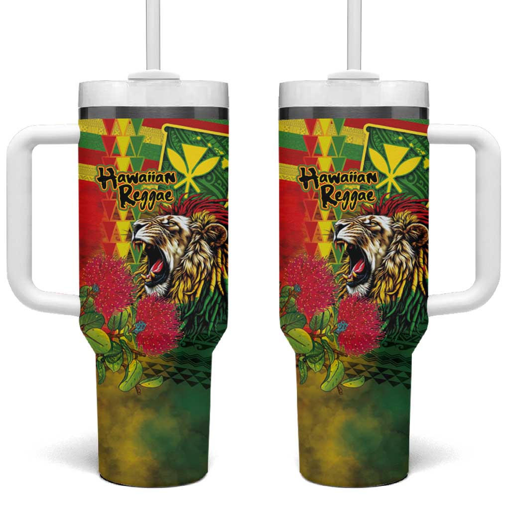 Hawaiian Reggae Tumbler With Handle Kakau Art Motifs with Ohia Lehua and Rastafari Lion LT03 One Size: 40 oz Multicolor - Polynesian Pride