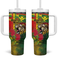 Hawaiian Reggae Tumbler With Handle Kakau Art Motifs with Ohia Lehua and Rastafari Lion LT03 One Size: 40 oz Multicolor - Polynesian Pride