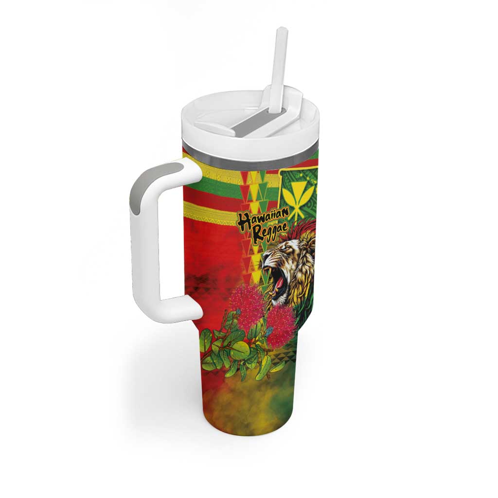 Hawaiian Reggae Tumbler With Handle Kakau Art Motifs with Ohia Lehua and Rastafari Lion LT03 - Polynesian Pride
