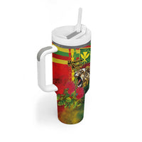 Hawaiian Reggae Tumbler With Handle Kakau Art Motifs with Ohia Lehua and Rastafari Lion LT03 - Polynesian Pride