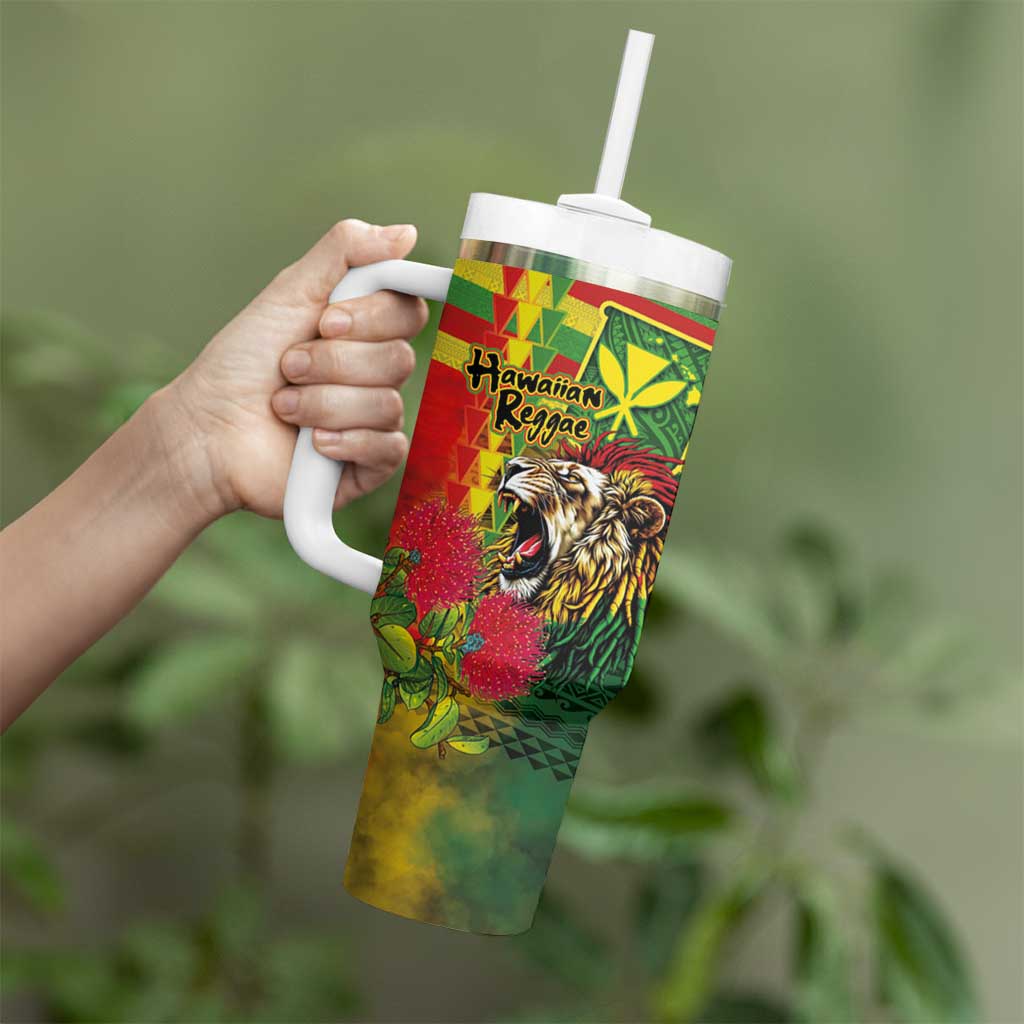Hawaiian Reggae Tumbler With Handle Kakau Art Motifs with Ohia Lehua and Rastafari Lion LT03 - Polynesian Pride