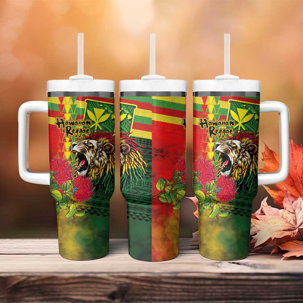Hawaiian Reggae Tumbler With Handle Kakau Art Motifs with Ohia Lehua and Rastafari Lion LT03 - Polynesian Pride