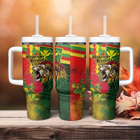Hawaiian Reggae Tumbler With Handle Kakau Art Motifs with Ohia Lehua and Rastafari Lion LT03 - Polynesian Pride