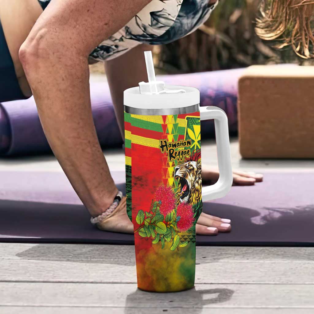 Hawaiian Reggae Tumbler With Handle Kakau Art Motifs with Ohia Lehua and Rastafari Lion LT03 - Polynesian Pride