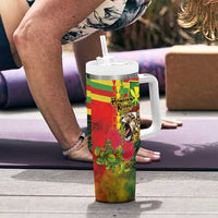 Hawaiian Reggae Tumbler With Handle Kakau Art Motifs with Ohia Lehua and Rastafari Lion LT03 - Polynesian Pride