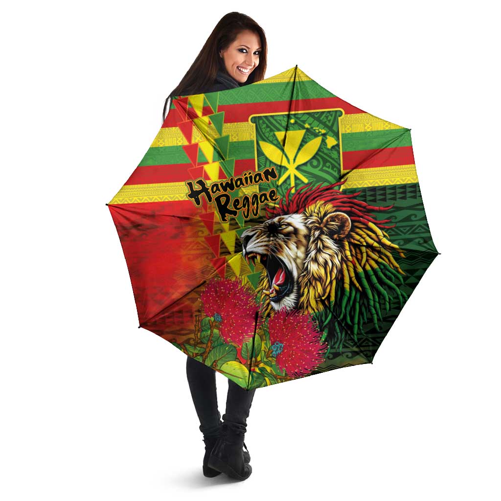 Hawaiian Reggae Umbrella Kakau Art Motifs with Ohia Lehua and Rastafari Lion LT03 - Polynesian Pride