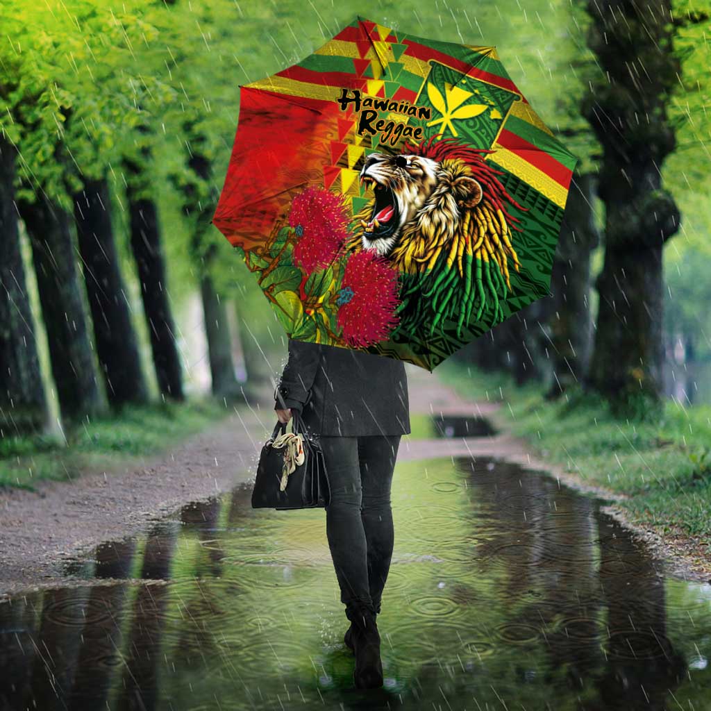 Hawaiian Reggae Umbrella Kakau Art Motifs with Ohia Lehua and Rastafari Lion LT03 - Polynesian Pride