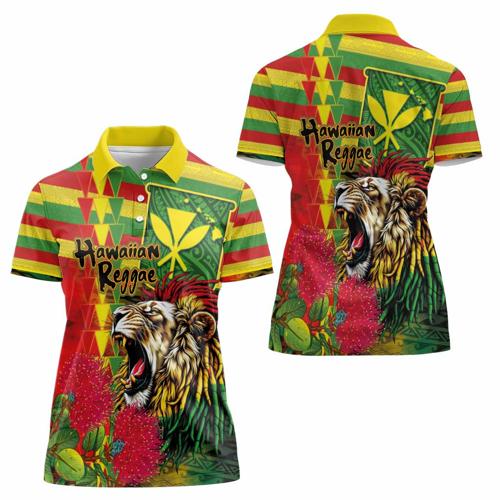 Hawaiian Reggae Women Polo Shirt Kakau Art Motifs with Ohia Lehua and Rastafari Lion - Polynesian Pride