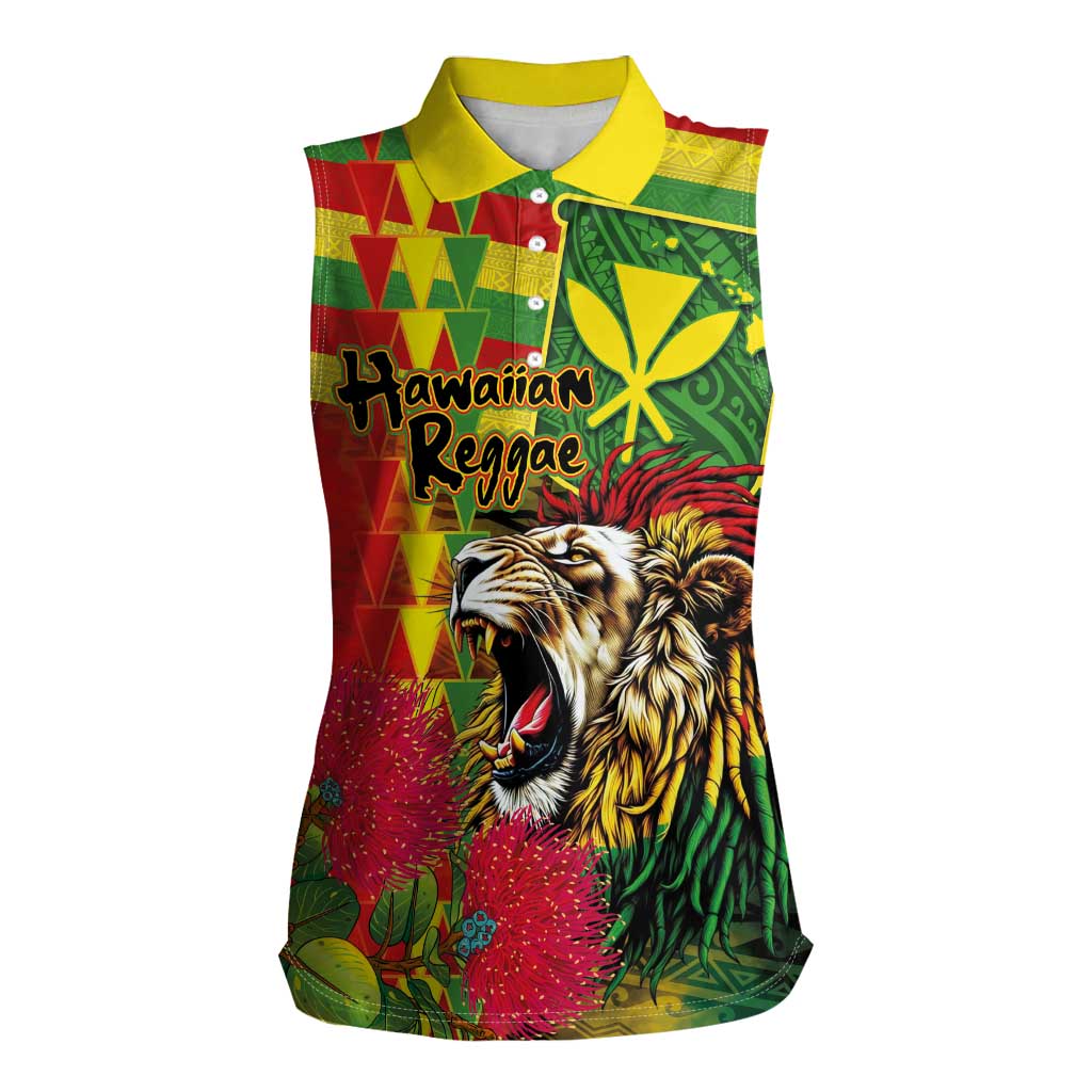 Hawaiian Reggae Women Sleeveless Polo Shirt Kakau Art Motifs with Ohia Lehua and Rastafari Lion LT03 Female Multicolor - Polynesian Pride