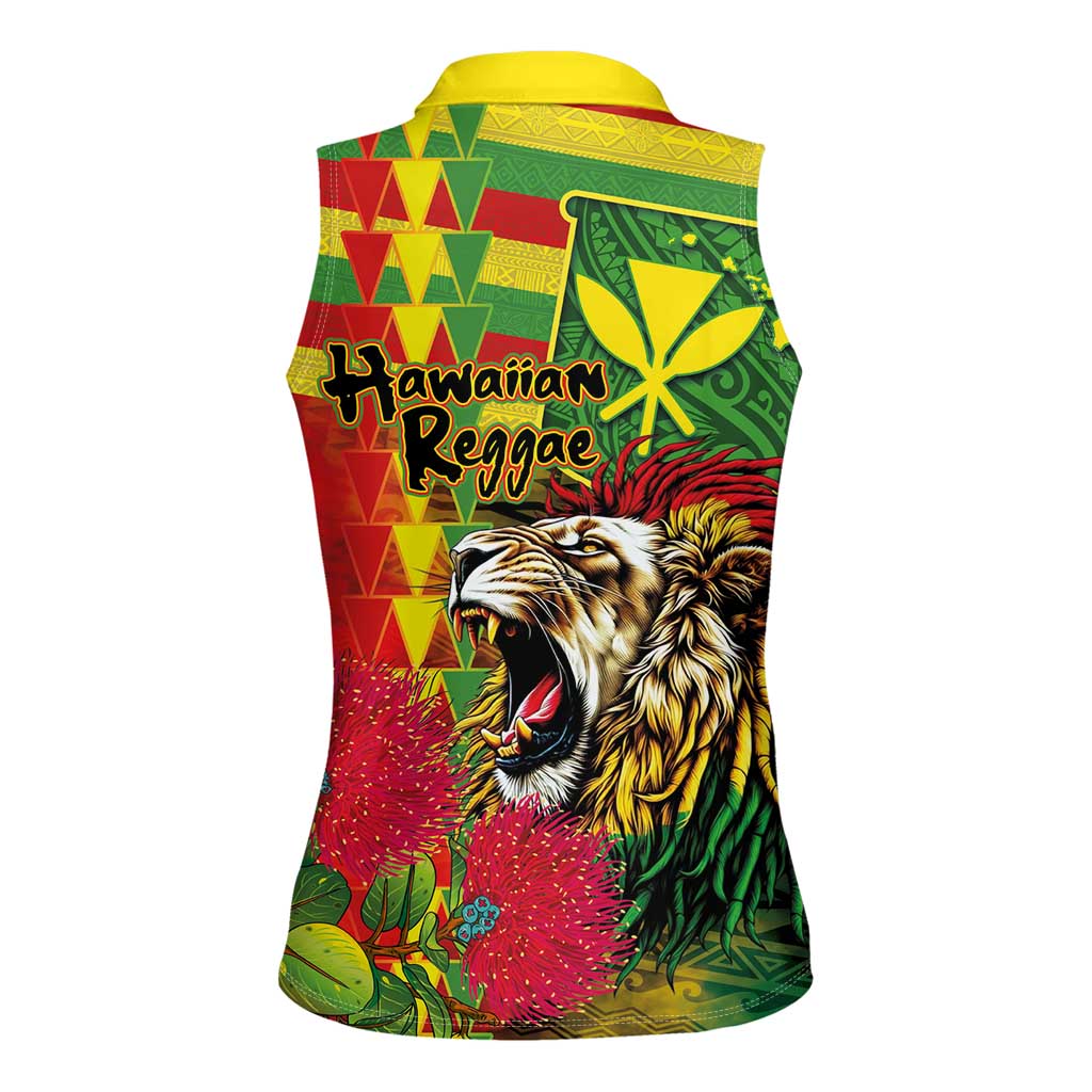 Hawaiian Reggae Women Sleeveless Polo Shirt Kakau Art Motifs with Ohia Lehua and Rastafari Lion LT03 - Polynesian Pride
